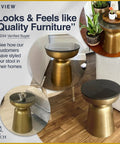 Hourglass Accent Side Table With Natural Granite Top And Brushed Brass Base, shown in living room and various interiors