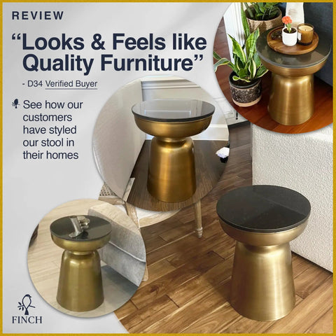 Hourglass Accent Side Table With Natural Granite Top And Brushed Brass Base, shown in living room and various interiors