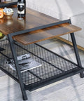 Rectangular Farmhouse Coffee Table With Handy Storage Shelf And Real Steady Iron Frame Rustic Brown Finished Cocktail Desk showcasing drinks and magazines.