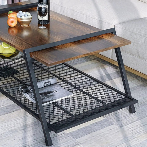Rectangular Farmhouse Coffee Table With Handy Storage Shelf And Real Steady Iron Frame Rustic Brown Finished Cocktail Desk showcasing drinks and magazines.
