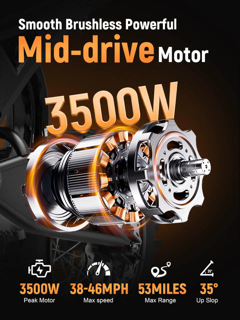 Electric Dirt Bike For Teens And Adults With 3500W Peak Power 38 To 46 Mph Top Speed 53 Mile Range 48 Volt 23Ah Battery Mid Drive Motor Hydraulic Dual Shock Absorbers Orange And Black With Lock For Off Road Thrill Seekers, 3500W motor