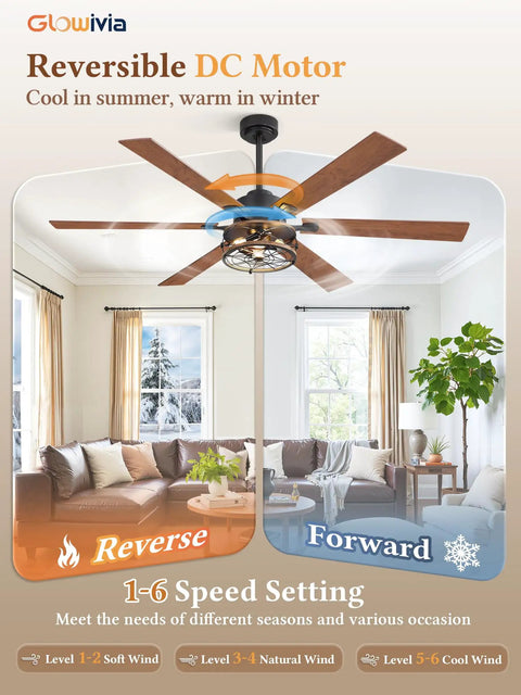60 Inch Farmhouse Industrial Ceiling Fan With Lights And Remote, Black Cage Design With Reversible DC Motor, living room view
