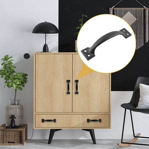 Black Barn Door Handles 20 Pack 5.4 Inch Vintage Gate Cabinet Pulls For Kitchen Cupboard Furniture Drawer Hardware Durable Metal Construction With 80 Screws Included Super Easy Install installed on wooden cabinet in living room.