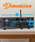 Home Audio Power Amplifier System 2x40W Bluetooth Mini Dual Channel Mixer on table showing dimensions 5.39x2.76 inches