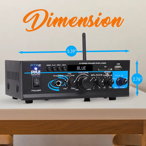 Home Audio Power Amplifier System 2x40W Bluetooth Mini Dual Channel Mixer on table showing dimensions 5.39x2.76 inches