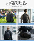 Collage showing black Underseat Personal Item Backpack For Travel And College Carry On Flight Approved By Ryanair in various scenarios