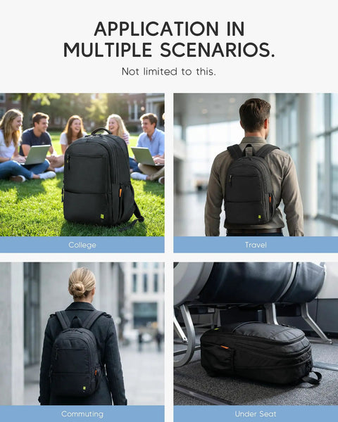 Collage showing black Underseat Personal Item Backpack For Travel And College Carry On Flight Approved By Ryanair in various scenarios