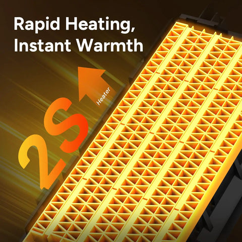 Portable 1500W Ceramic Space Heater With Thermostat, Three Heat Modes, showing rapid heating element in 2 seconds.