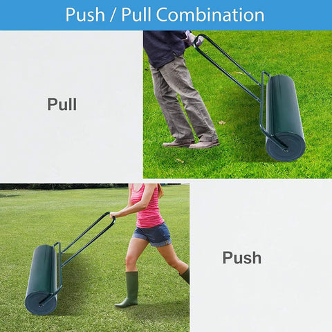 Person using Lawn Roller 24 Inch Steel Push Pull Water Filled Do It All Yard Tool for park and garden, ergonomic handle visible.