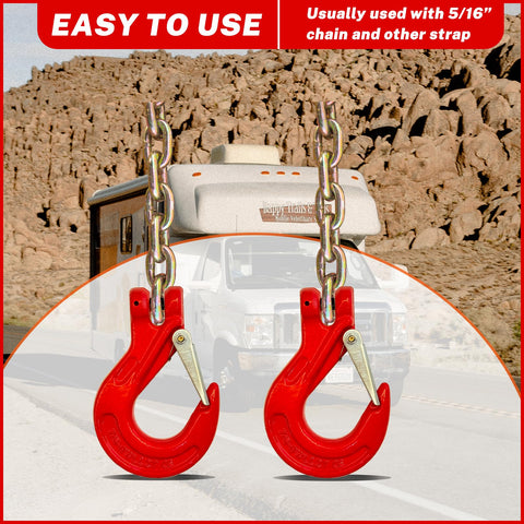 2 Pack G80 Clevis Slip Hooks 5 16 Inch Heavy Duty Chain Hooks Forged Tow Trailer Safety Hooks 4400 Lbs on RV background
