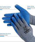 Six Pairs Latex Coated Palm Work Gloves With Seamless Knit Lining for superior grip, shown in blue and grey, in close-up.