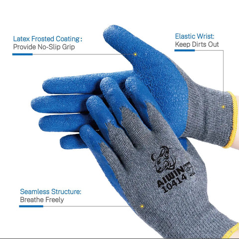 Six Pairs Latex Coated Palm Work Gloves With Seamless Knit Lining for superior grip, shown in blue and grey, in close-up.