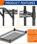 Close-up features of Three Tier Heavy Duty Rolling Utility Cart with handle bar and metal frame, adjustable shelf design.