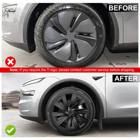 Premium Matte Black 19 Inch Spiral Aero Wheel Covers Sweet Fit For Tesla Model Y Juniper before and after photo comparison