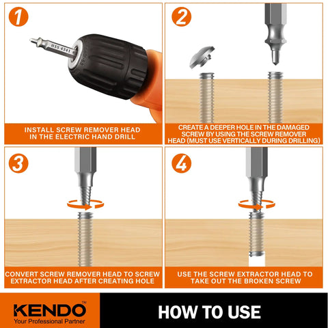 Step-by-step use of Damaged Screw Extractor Set 6Pc HSS Drill Bit Bolt Remover Kit For Stripped Screws Nuts Bolts And Rusted Hardware