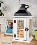 Memorial Lantern For Dad Loss Sympathy Gift, flameless candle in white wood and glass design, honoring remembrance.