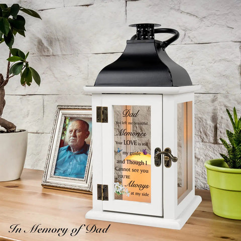 Memorial Lantern For Dad Loss Sympathy Gift, flameless candle in white wood and glass design, honoring remembrance.