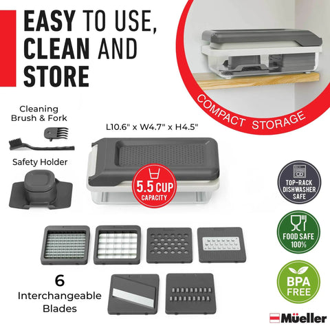 All In One Vegetable Chopper And Mandoline Slicer With Built In Catcher Cheese Grater Onion Cutter And Dicer Kitchen Gadget Set For Quick Meal Prep Like A Pro Easy Cleanup White And Gray with 5.5 cup capacity and accessories visible