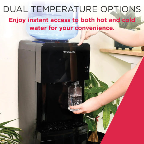 Person using Top Loading Water Cooler Dispenser With Hot And Cold Water And Child Safety Lock Freestanding Slim Space Saving Design For Home Or Office No Fuss 3 Or 5 Gallon Bottles Black to fill cup