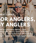 Person holding fish with text overlay about Chas Champagne fishing lures and jigs for anglers by Matrix Shad.