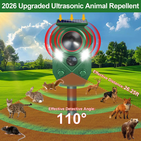 Solar Ultrasonic Animal Repeller With Motion Sensor Outdoor Pest Deterrent For Cats Dogs Rabbits Mice Squirrels Raccoons Skunks And Deer Waterproof Yard Garden Farm Defense With Flashing Light 2 Pack, front view with 110° coverage