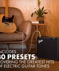 Mustang LT25 Guitar Amplifier 25 Watt Digital Modeling Combo Amp With 8 Inch Speaker and 30 Presets next to guitar and chair