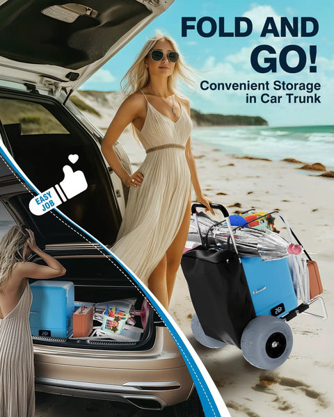 Beach Cart For Sand Foldable Aluminum Wagon With Balloon Wheels and 13 Inch Wide Tires, shown by the beach with woman and car trunk