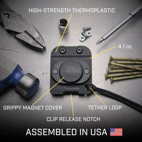 Magnetic Tool Holder Clip On Belt Holster; black thermoplastic, magnet cover, tether loop, surrounded by tools; assembled in USA