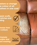 Leather Repair Paint Kit For Furniture And Car Seats 2 In 1 Seal And Color Use On Scratches Tears And Holes Quick Easy Leather Repair With 16 Color Options Dries Flexible And Prevents Future Damage Dark Brown 50 ml, showing front view of a repaired leather couch section.