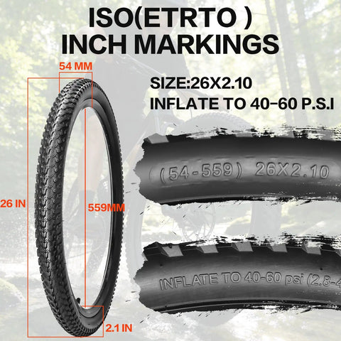 Foldable Mountain Bike Tire Set For 26 And 29 Inch Wheels With Inner Tubes Repair Kit Rim Strips Tire Levers And AV 32mm Schrader Valves For Rugged Off Road Commuter And Trail Riding showing tire size and inflation details.