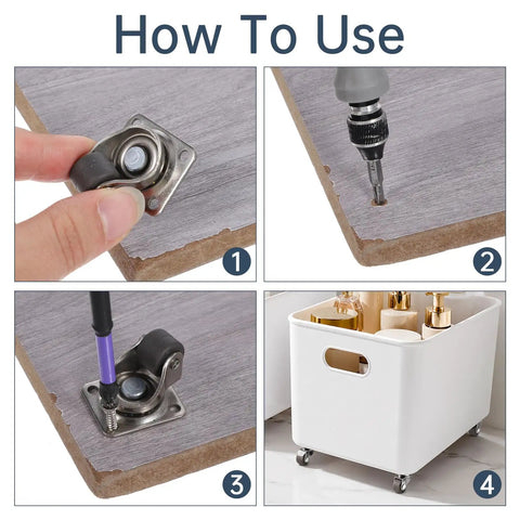 Instructional steps for installing 1 Inch Swivel Caster Wheels 8 Pack Mini Furniture Rollers With Self Adhesive Mounts.