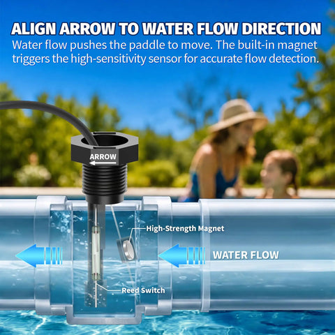 Replacement Flow Switch For Hayward Goldline Aquarite Salt Systems No Tools Needed Easy Install Precise Flow Sensor Direct Fit Durable Metal Body Replaces Common Models For Reliable Water Flow Detection, pool pipe flow switch with arrow and reed switch