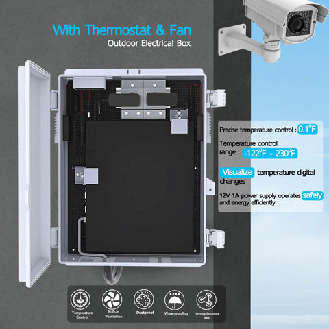 Outdoor Waterproof Electrical Box IP65 ABS Plastic Enclosure with Fan and Thermostat, mounted on wall, open lid view