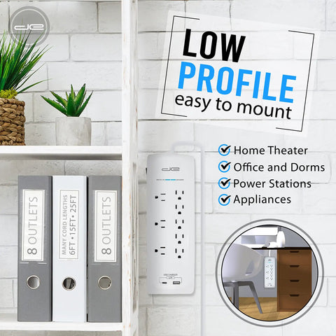 25 Foot USB C And USB A Surge Protector Power Strip With 8 Outlets 4200 Joules Heavy Duty Overload Protection featured in office setup