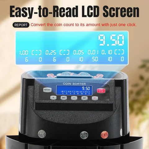 Close-up of automatic coin counter and sorter with LCD display, showing digital values on screen, focused on control panel.