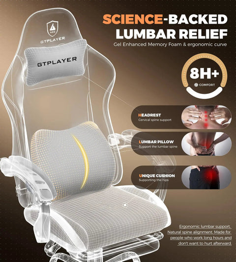 GTPlayer Comfy Gaming Chair With Foot Rest And Pocket Spring Cushion showing lumbar support and headrest in mist blue