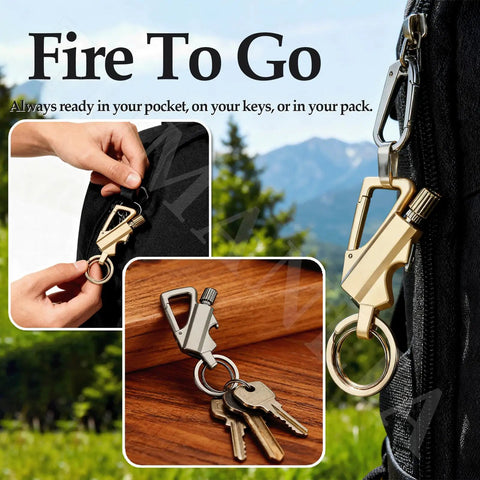 All In One Infinity Permanent Match Lighter With Keychain And Bottle Opener Windproof Waterproof Reusable Fire Starter on backpack