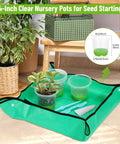 All In One Reusable Seed Starter Kit with 26 clear 4-inch pots, silicone base, and drainage for easy transplant displayed on a green repotting mat.