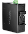 Compact Industrial 8-Port Gigabit DIN-Rail Switch Built For Rough Environments, IP30 Rated, shown on a white background