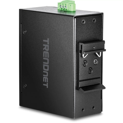 Compact Industrial 8-Port Gigabit DIN-Rail Switch Built For Rough Environments, IP30 Rated, shown on a white background