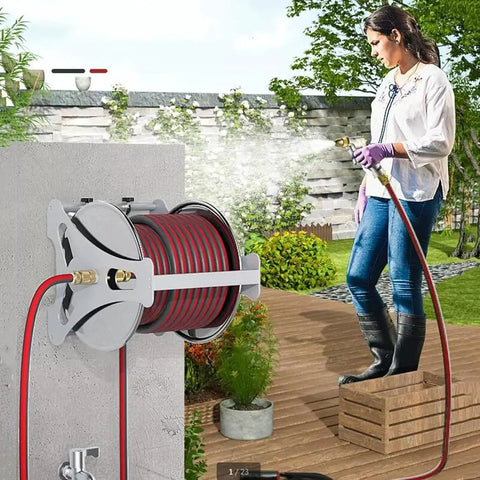 Heavy Duty Garden Hose Reel Cart With Wall Mount Water Hose Holder, Sturdy Stainless Steel Build, Smooth Rolling Mechanism in use outdoors.