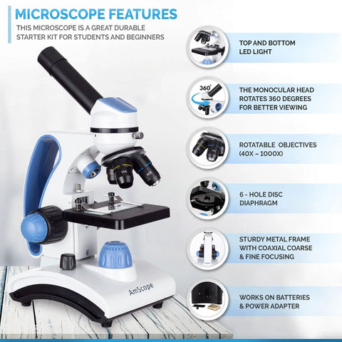 40X-1000X Dual Light All-Metal Microscope Kit For Students And Kids featuring LED lights and rotatable objectives