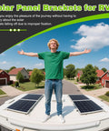 Man standing on RV roof with 4 Pack 45 Inch Adjustable Solar Panel Tilt Mount Brackets with Foldable Legs.