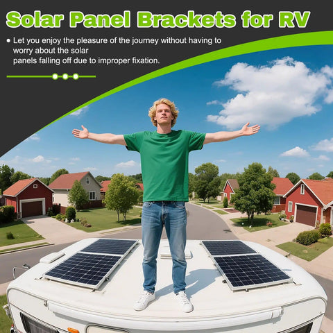 Man standing on RV roof with 4 Pack 45 Inch Adjustable Solar Panel Tilt Mount Brackets with Foldable Legs.