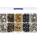 Kickass 150 Piece Punk Spikes And Rivets Kit Featuring Round Head Screw Back Construction In Silver Gold Bronze And Gunmetal Finish Tailored For Leathercraft Clothing Shoes Belts Bags And Dog Collars. Assortment of zinc alloy spikes and rivets in various metallic finishes.