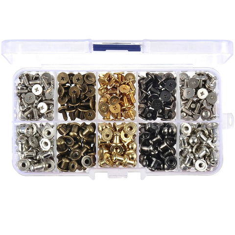 Kickass 150 Piece Punk Spikes And Rivets Kit Featuring Round Head Screw Back Construction In Silver Gold Bronze And Gunmetal Finish Tailored For Leathercraft Clothing Shoes Belts Bags And Dog Collars. Assortment of zinc alloy spikes and rivets in various metallic finishes.