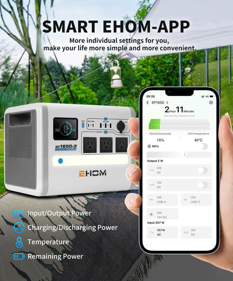 1024Wh LiFePO4 Portable Power Station With 1650W Continuous Power And 2200W Peak On The Go beside smartphone EHOME app