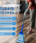 Grab These Top Shelf Microfiber Mop Refills For A Badass Clean Every Time Heavy Duty 400Gsm Thick Commercial Tube Head Replacement Set Super Absorbent Bulk Cleaning Supplies, blue microfiber mop in use on hardwood floor.