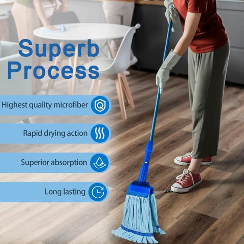 Grab These Top Shelf Microfiber Mop Refills For A Badass Clean Every Time Heavy Duty 400Gsm Thick Commercial Tube Head Replacement Set Super Absorbent Bulk Cleaning Supplies, blue microfiber mop in use on hardwood floor.