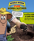 Person adding 100 Percent Pure Organic Worm Castings Fertilizer to soil with mascot character, promoting plant growth and fertility.